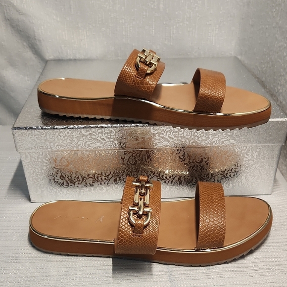 Shoes - ALDO 9 Gold Embellished Brown Sandals with Leather Straps